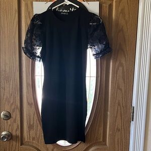 Popular Basics Elegant Black Mini Dress with Sheer Sleeves